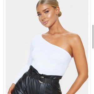 pretty Little Thing white asymmetrical long sleeve body suit